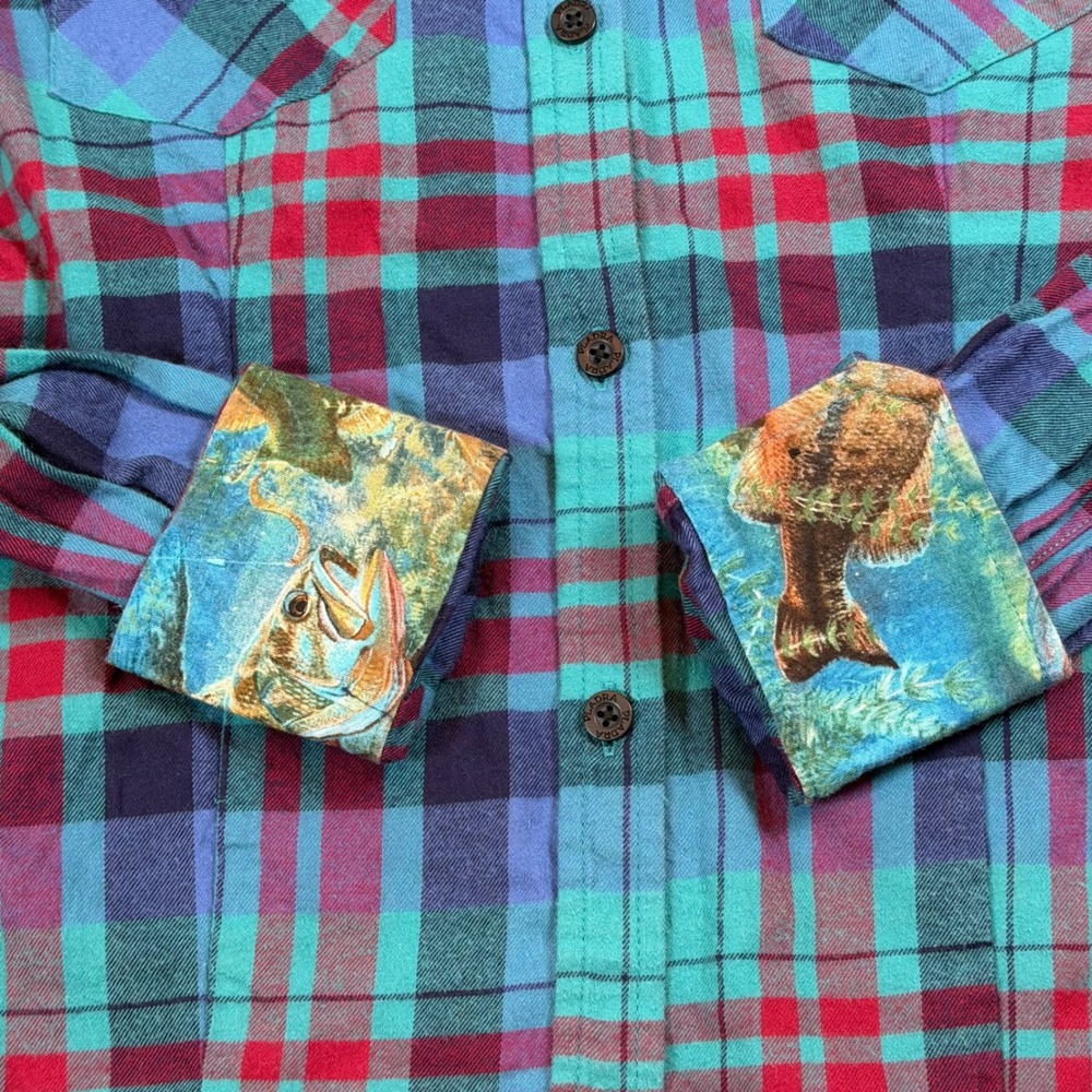 Pladra Womens Flannel Shirt Small Plaid Teal Red Fish Print Lining Made in USA - Picture 3 of 11